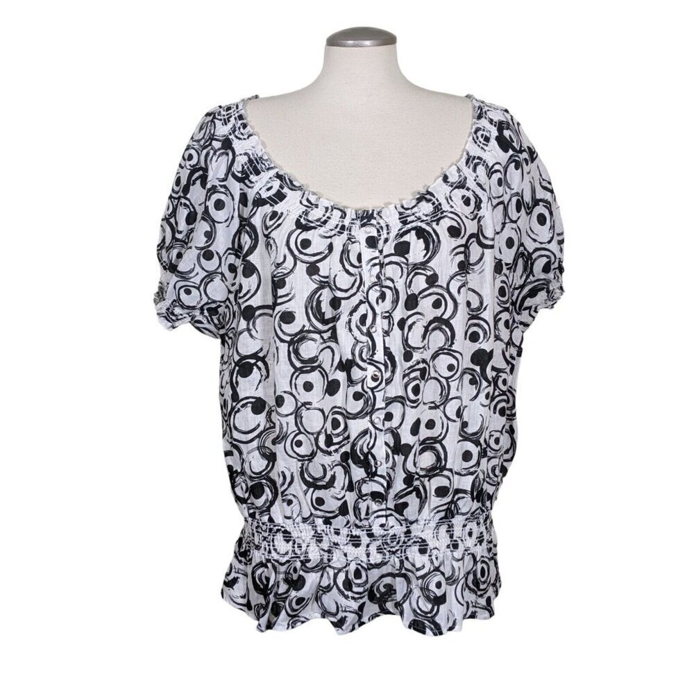 Marina Luna NEW Linen Top Womens 2X Black White Geometric Print Puff Sleeve Boho